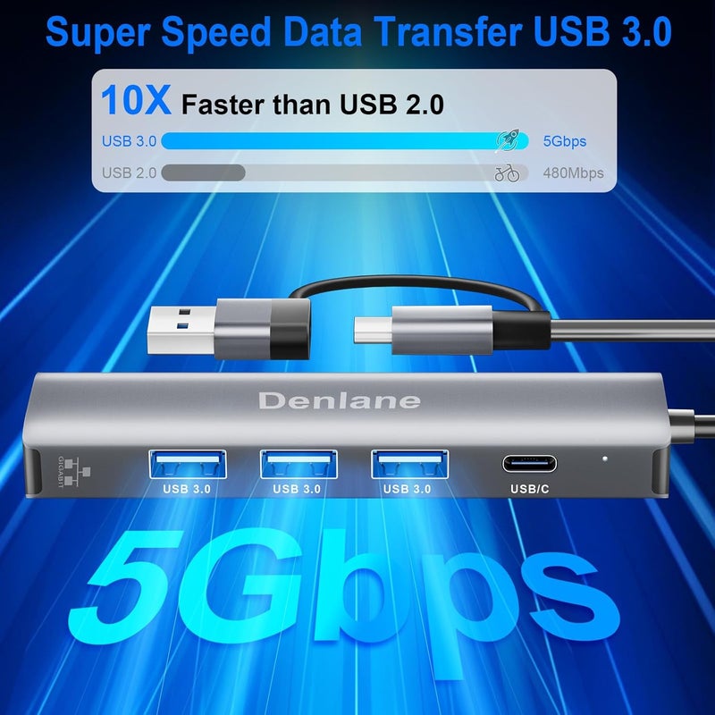 Denlane محول USB C USB 3.0 إلى إيثرنت، 5 في 2 محور إيثرنت USB جيجابت للكمبيوتر المحمول مع 4 منافذ USB-A 3.0 و USBC، محول شبكة RJ45 LAN بسرعة 1000 ميجابت في الثانية متوافق مع MacBook/iPad Pro/الهاتف/اللوحي - Image 4